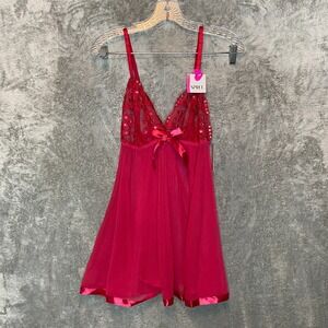 Spree Women Embroidered Sequin Sheer Mesh Babydoll Sexy Lingerie Set L Red
